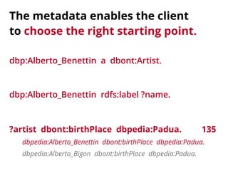 The metadata enables the client 
to choose the right starting point. 
?dbp:artist Alberto_a dbpedia-Benettin owl:a Artist. dbont:Artist. 
96.000 
?artist rdfs:label ?name. 12.000.000 
dbp:Alberto_Benettin rdfs:label ?name. 
?artist dbont:birthPlace dbpedia:Padua. 
135 
dbpedia:Alberto_Benettin dbont:birthPlace dbpedia:Padua. 
dbpedia:Alberto_Bigon dbont:birthPlace dbpedia:Padua. 
 