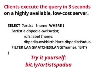 Clients execute the query in 3 seconds 
on a highly available, low-cost server. 
SELECT ?artist ?name WHERE { 
?artist a dbpedia-owl:Artist; 
rdfs:label ?name; 
dbpedia-owl:birthPlace dbpedia:Padua. 
FILTER LANGMATCHES(LANG(?name), "EN") 
} 
Try it yourself: 
bit.ly/artistspadua 
 