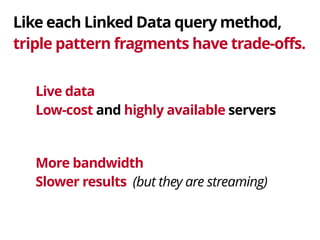 Like each Linked Data query method, 
triple pattern fragments have trade-offs. 
Live data 
Low-cost and highly available servers 
More bandwidth 
Slower results (but they are streaming) 
 