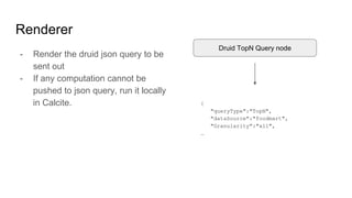Renderer
- Render the druid json query to be
sent out
- If any computation cannot be
pushed to json query, run it locally
...