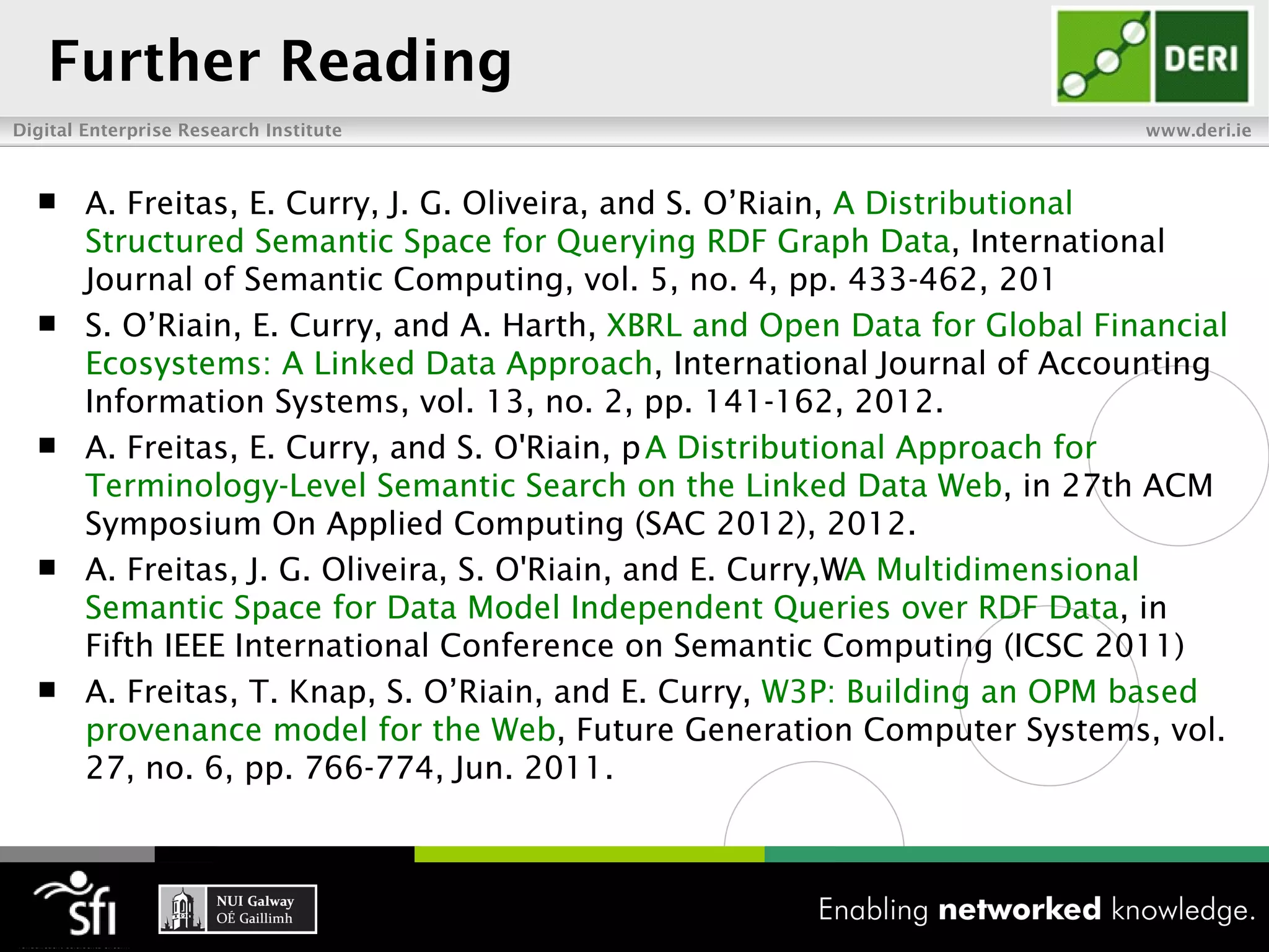 Further Reading
Digital Enterprise Research Institute                                        www.deri.ie



       A. Freitas, E. Curry, J. G. Oliveira, and S. O’Riain, A Distributional
        Structured Semantic Space for Querying RDF Graph Data, International
        Journal of Semantic Computing, vol. 5, no. 4, pp. 433-462, 201
       S. O’Riain, E. Curry, and A. Harth, XBRL and Open Data for Global Financial
        Ecosystems: A Linked Data Approach, International Journal of Accounting
        Information Systems, vol. 13, no. 2, pp. 141-162, 2012.
       A. Freitas, E. Curry, and S. O'Riain, p A Distributional Approach for
        Terminology-Level Semantic Search on the Linked Data Web, in 27th ACM
        Symposium On Applied Computing (SAC 2012), 2012.
       A. Freitas, J. G. Oliveira, S. O'Riain, and E. Curry,WA Multidimensional
        Semantic Space for Data Model Independent Queries over RDF Data, in
        Fifth IEEE International Conference on Semantic Computing (ICSC 2011)
       A. Freitas, T. Knap, S. O’Riain, and E. Curry, W3P: Building an OPM based
        provenance model for the Web, Future Generation Computer Systems, vol.
        27, no. 6, pp. 766-774, Jun. 2011.
 