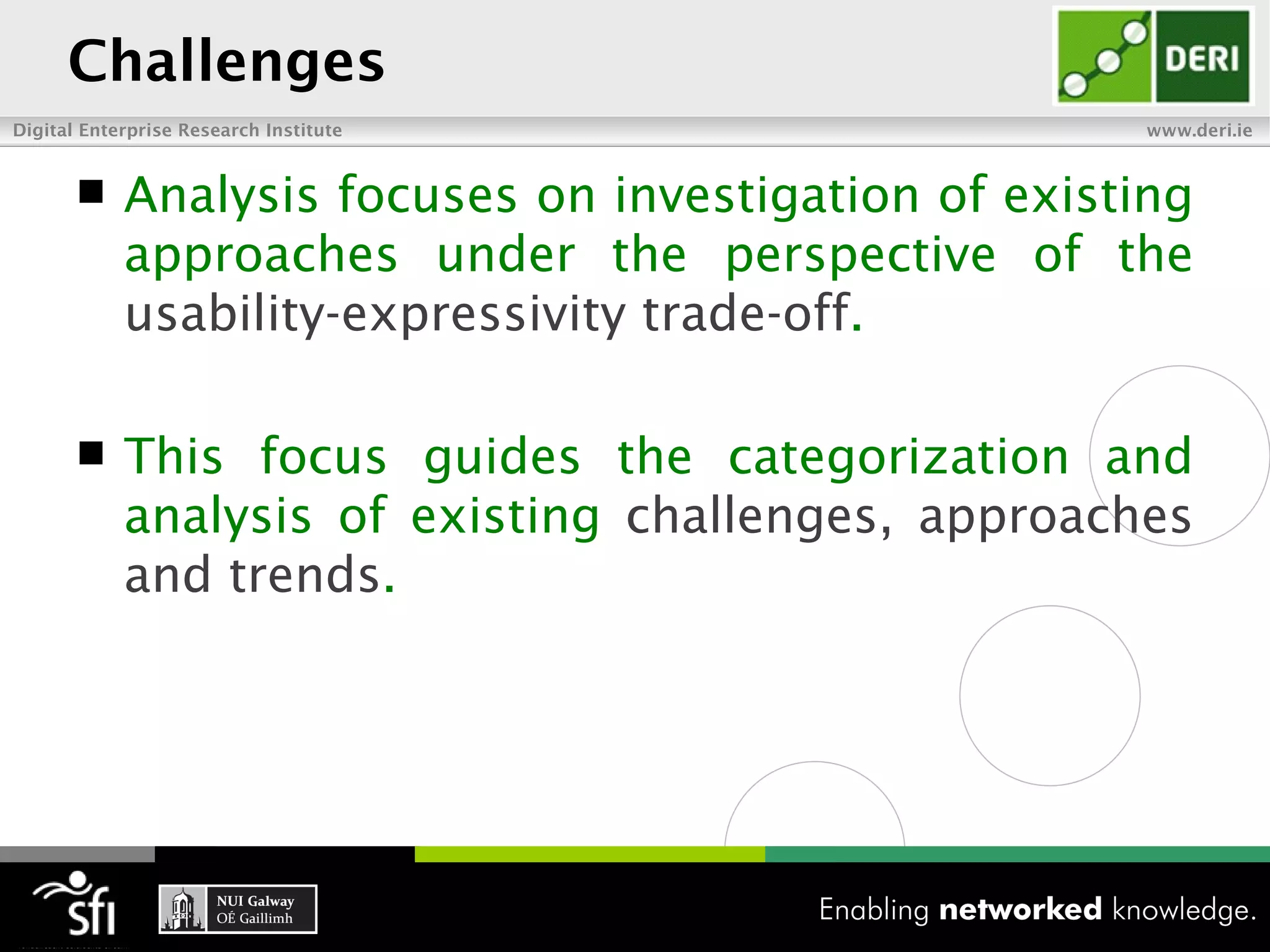 Challenges
Digital Enterprise Research Institute                  www.deri.ie


           Analysis focuses on investigation of existing
            approaches under the perspective of the
            usability-expressivity trade-off.

           This focus guides the categorization and
            analysis of existing challenges, approaches
            and trends.
 