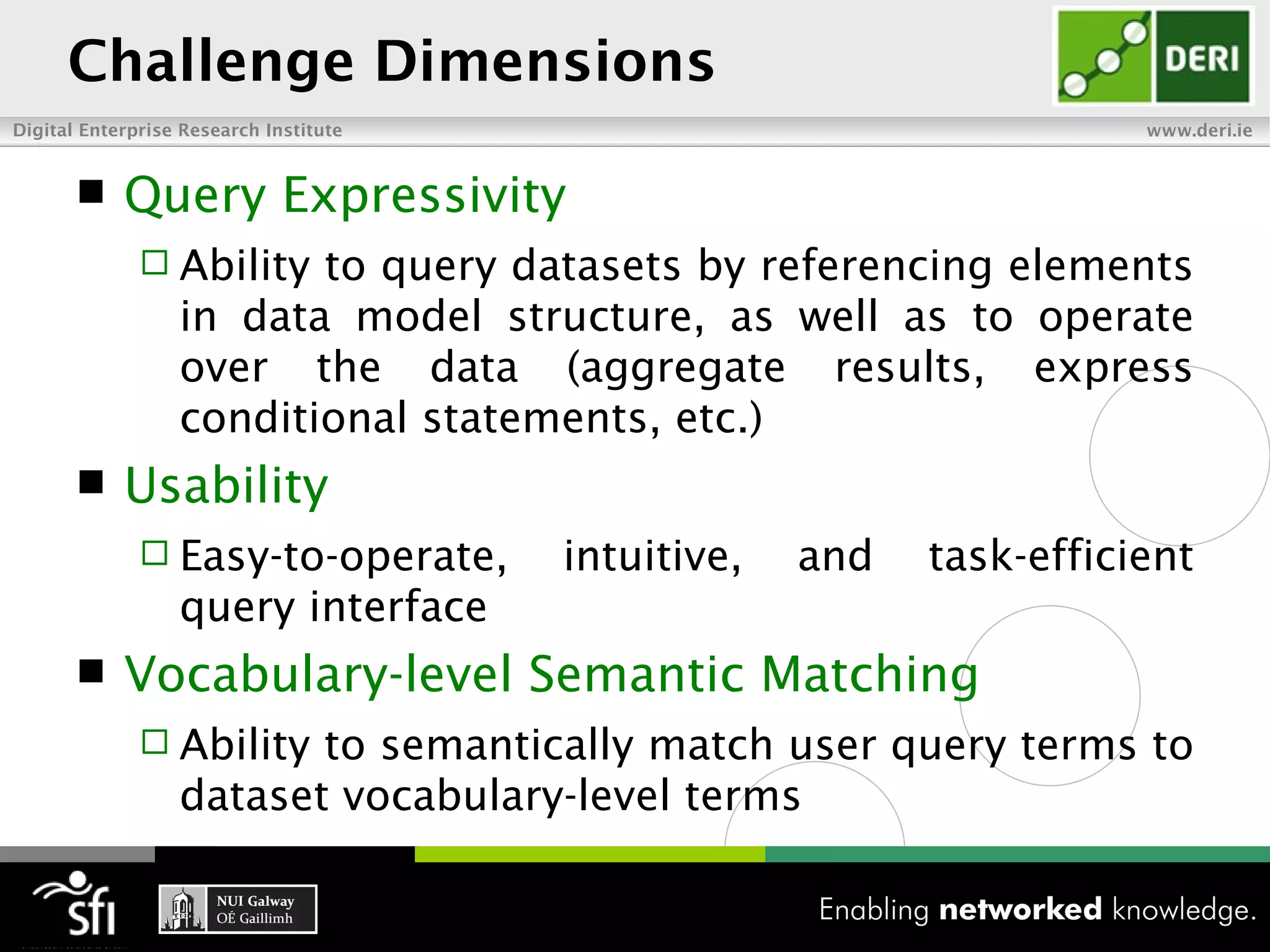 Challenge Dimensions
Digital Enterprise Research Institute                                 www.deri.ie


           Query Expressivity
               Ability  to query datasets by referencing elements
                  in data model structure, as well as to operate
                  over the data (aggregate results, express
                  conditional statements, etc.)
           Usability
               Easy-to-operate,        intuitive,   and   task-efficient
                  query interface
           Vocabulary-level Semantic Matching
               Ability  to semantically match user query terms to
                  dataset vocabulary-level terms
 