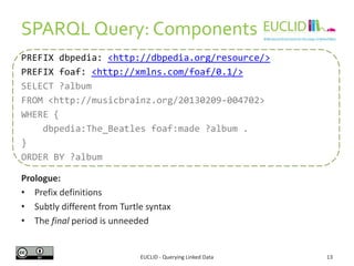 SPARQL Query
EUCLID - Querying Linked Data 13
?album
dbpedia:
The_Beatles
dbpedia:
The_Beatlesfoaf:made
<http://
musicbrai...