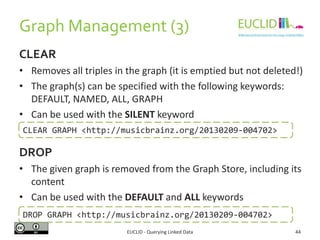 Graph Management
EUCLID - Querying Linked Data 44
SPARQL 1.1 provides graph update operations:
• CREATE: creates an empty ...