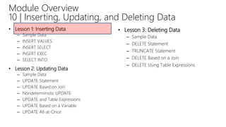 • Lesson 1: Inserting Data
– Sample Data
– INSERT VALUES
– INSERT SELECT
– INSERT EXEC
– SELECT INTO
• Lesson 2: Updating Data
– Sample Data
– UPDATE Statement
– UPDATE Based on Join
– Nondeterministic UPDATE
– UPDATE and Table Expressions
– UPDATE Based on a Variable
– UPDATE All-at-Once
• Lesson 3: Deleting Data
– Sample Data
– DELETE Statement
– TRUNCATE Statement
– DELETE Based on a Join
– DELETE Using Table Expressions
Module Overview
10 | Inserting, Updating, and Deleting Data
 