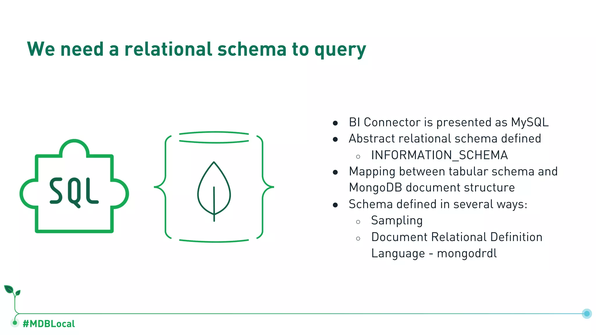 #MDBLocal ● BI Connector is presented as MySQL ● Abstract relational schema defined ○ INFORMATION_SCHEMA ● Mapping between tabular schema and MongoDB document structure ● Schema defined in several ways: ○ Sampling ○ Document Relational Definition Language - mongodrdl We need a relational schema to query 