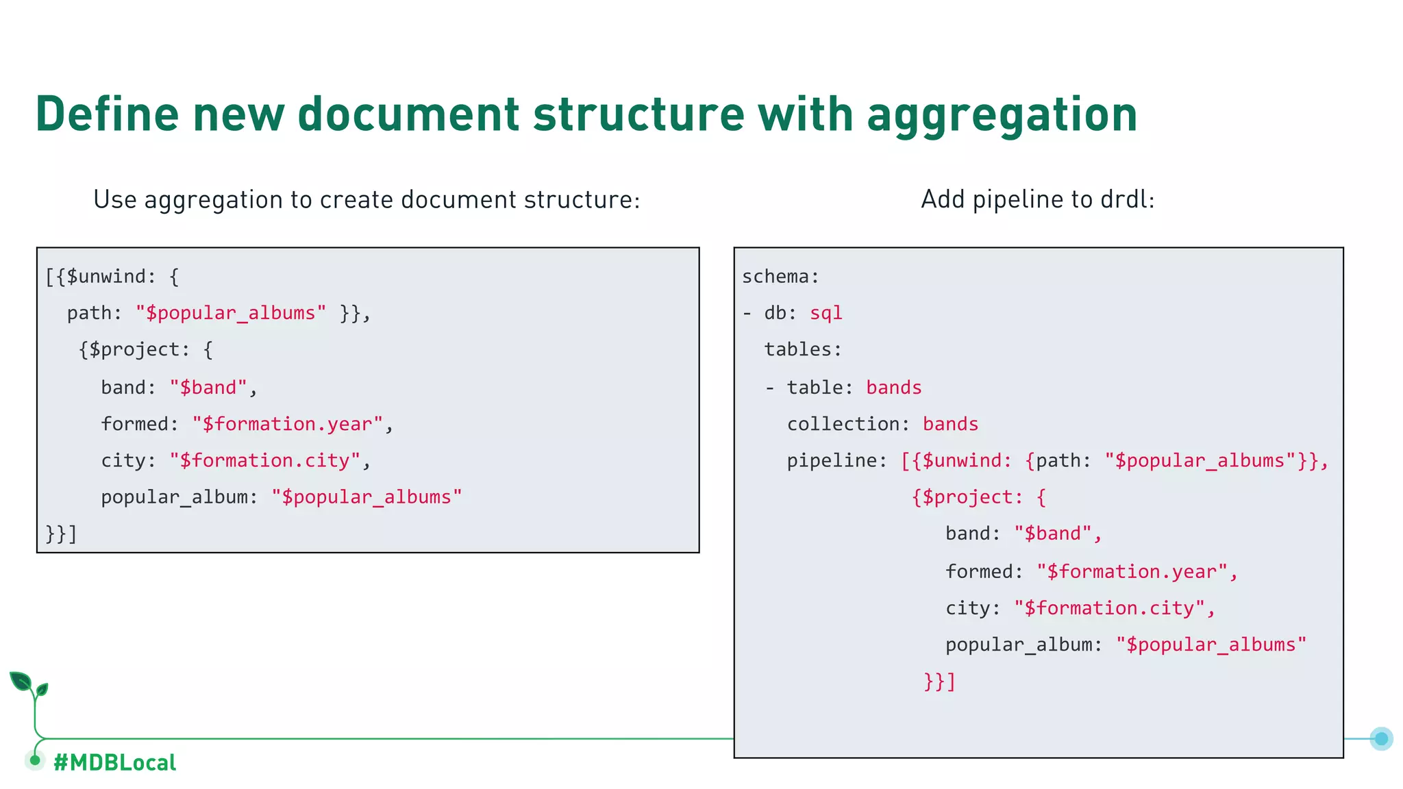 #MDBLocal Define new document structure with aggregation [{$unwind: { path: "$popular_albums" }}, {$project: { band: "$band", formed: "$formation.year", city: "$formation.city", popular_album: "$popular_albums" }}] schema: - db: sql tables: - table: bands collection: bands pipeline: [{$unwind: {path: "$popular_albums"}}, {$project: { band: "$band", formed: "$formation.year", city: "$formation.city", popular_album: "$popular_albums" }}] Use aggregation to create document structure: Add pipeline to drdl: 