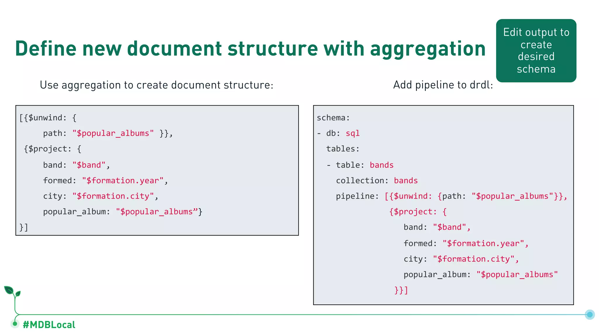 #MDBLocal
Define new document structure with aggregation
[{$unwind: {
path: "$popular_albums" }},
{$project: {
band: "$band",
formed: "$formation.year",
city: "$formation.city",
popular_album: "$popular_albums”}
}]
schema:
- db: sql
tables:
- table: bands
collection: bands
pipeline: [{$unwind: {path: "$popular_albums"}},
{$project: {
band: "$band",
formed: "$formation.year",
city: "$formation.city",
popular_album: "$popular_albums"
}}]
Use aggregation to create document structure: Add pipeline to drdl:
Edit output to
create
desired
schema
 