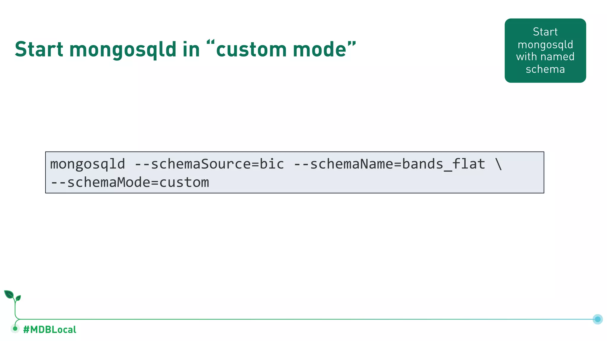 #MDBLocal
Start mongosqld in “custom mode”
mongosqld --schemaSource=bic --schemaName=bands_flat 
--schemaMode=custom
Start
mongosqld
with named
schema
 