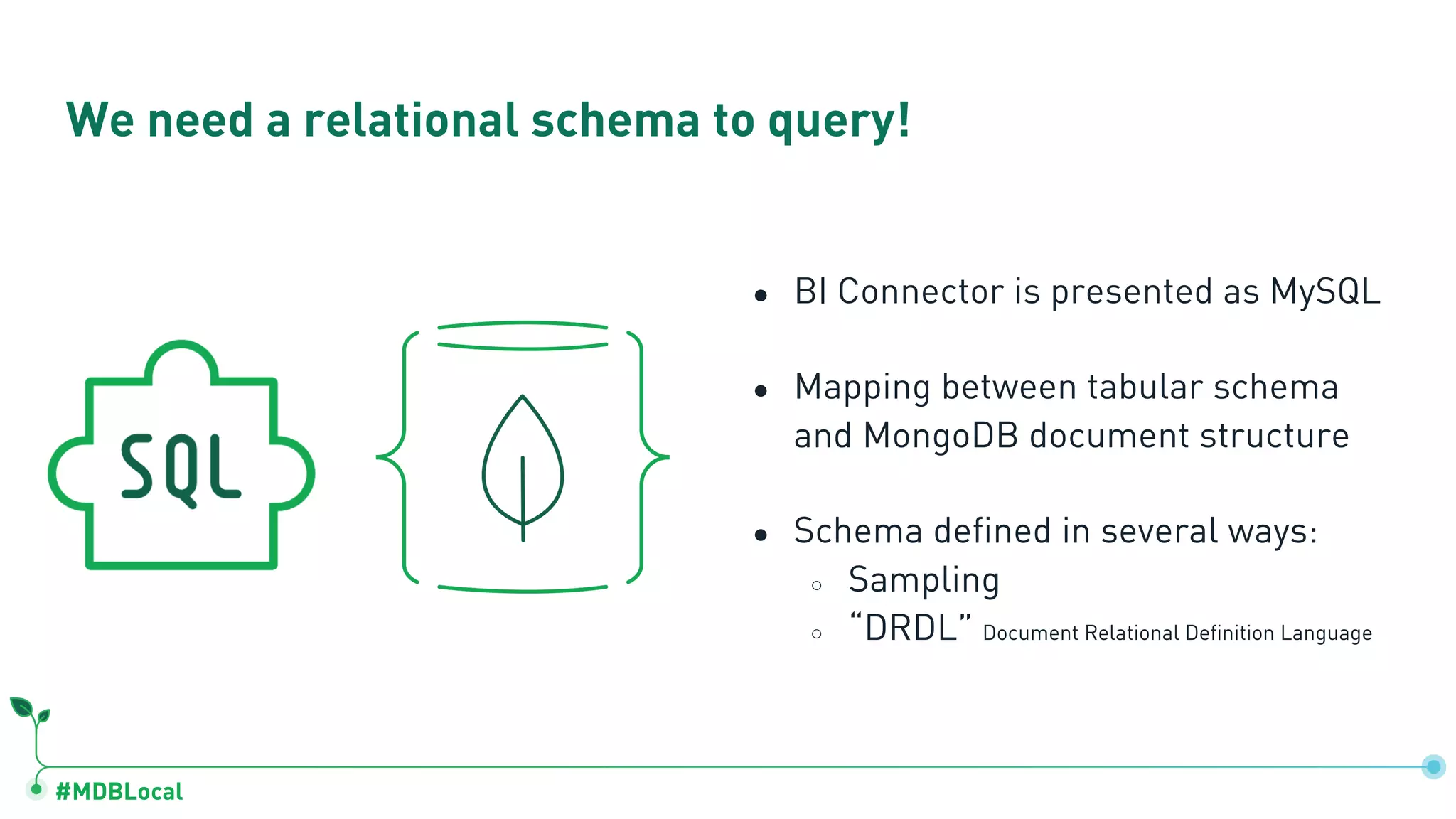#MDBLocal
● BI Connector is presented as MySQL
● Mapping between tabular schema
and MongoDB document structure
● Schema defined in several ways:
○ Sampling
○ “DRDL” Document Relational Definition Language
We need a relational schema to query!
 