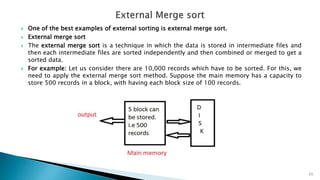  One of the best examples of external sorting is external merge sort.
 External merge sort
 The external merge sort is a technique in which the data is stored in intermediate files and
then each intermediate files are sorted independently and then combined or merged to get a
sorted data.
 For example: Let us consider there are 10,000 records which have to be sorted. For this, we
need to apply the external merge sort method. Suppose the main memory has a capacity to
store 500 records in a block, with having each block size of 100 records.
11
 