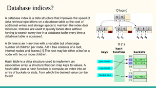 Database indices?
A database index is a data structure that improves the speed of
data retrieval operations on a database ...