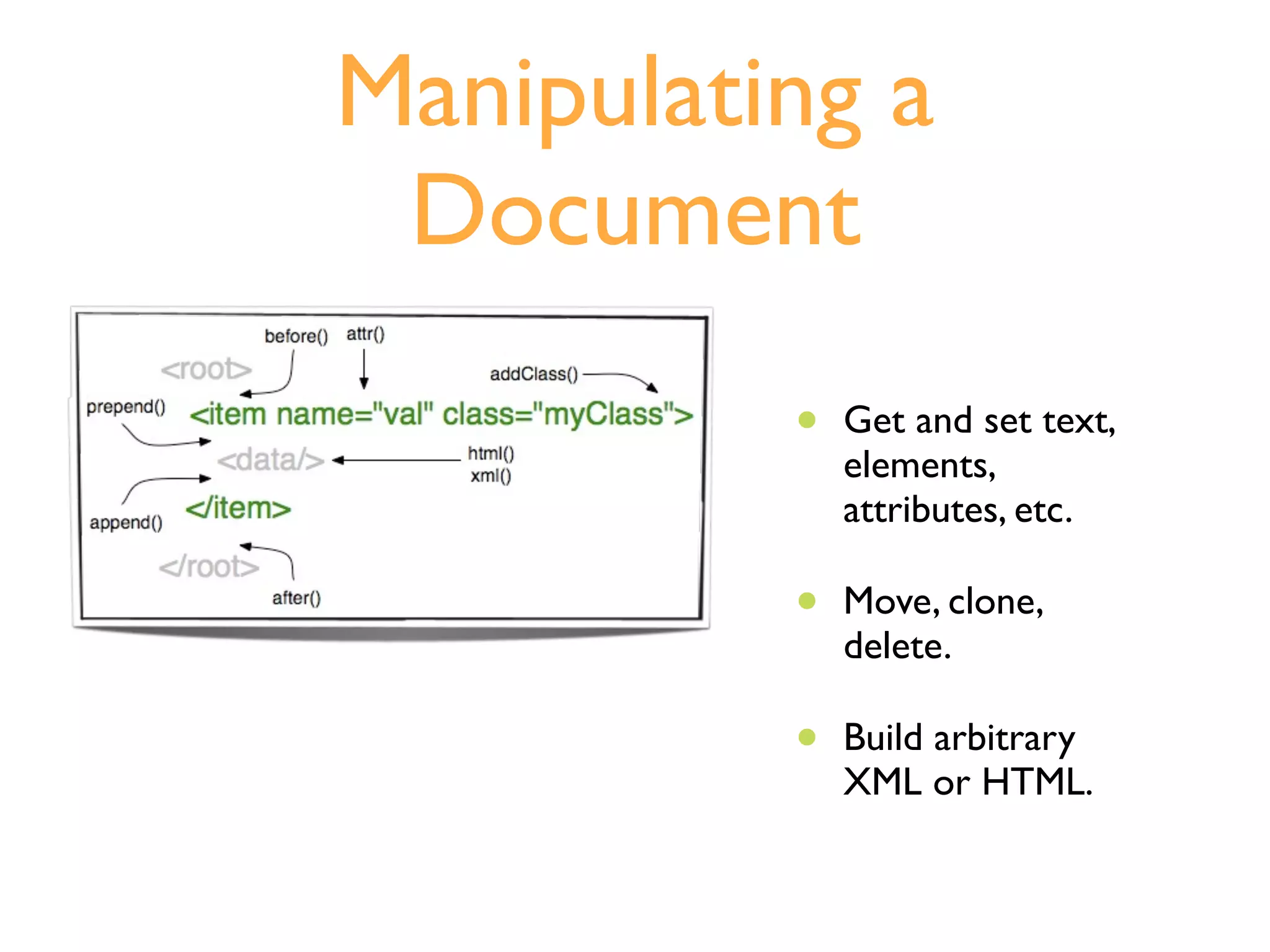 Manipulating a
 Document
          •   Get and set text,
              elements,
              attributes, etc.

          •   Move, clone,
              delete.

          •   Build arbitrary
              XML or HTML.
 