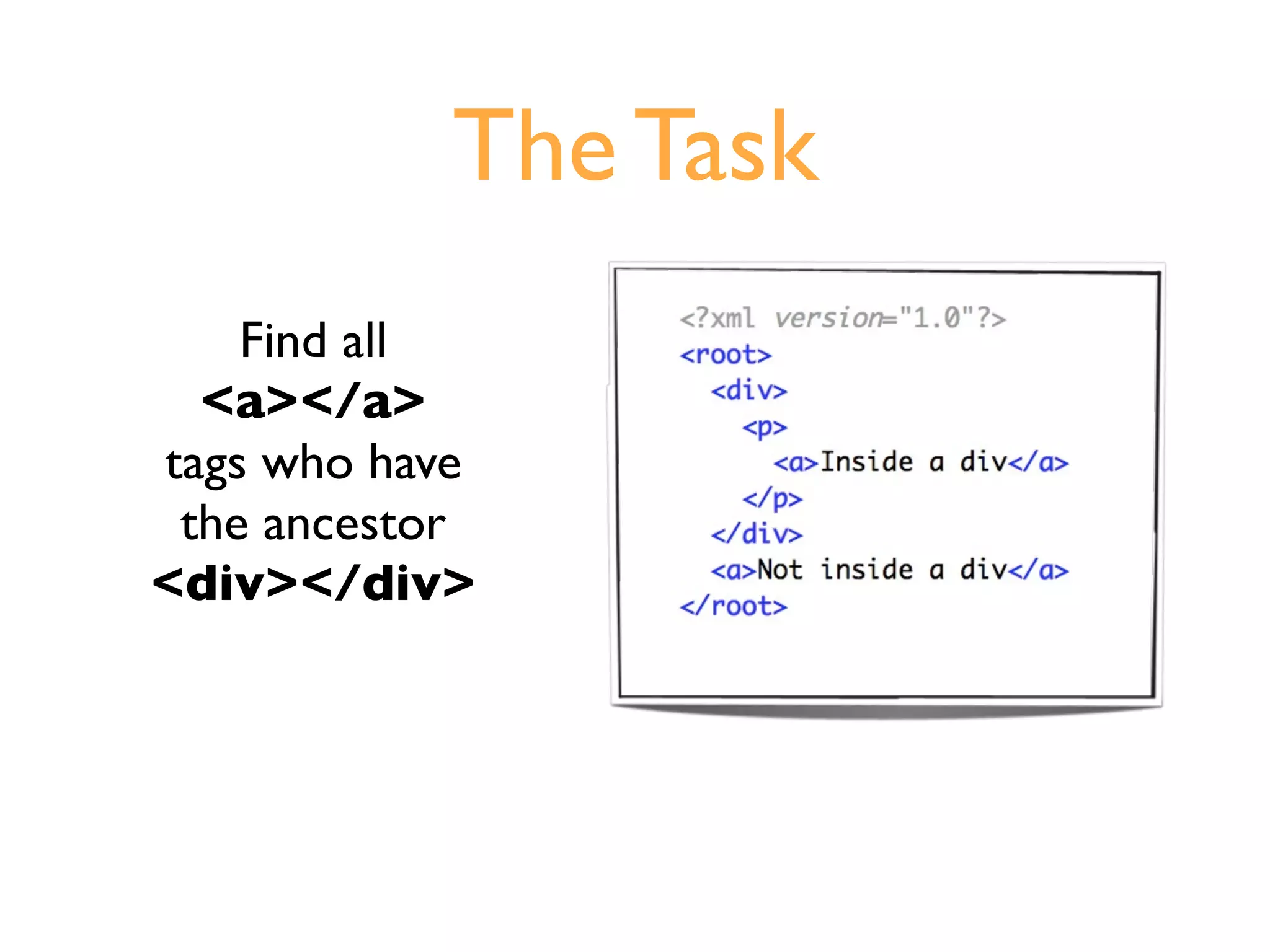 The Task
    Find all
  <a></a>
tags who have
 the ancestor
<div></div>
 