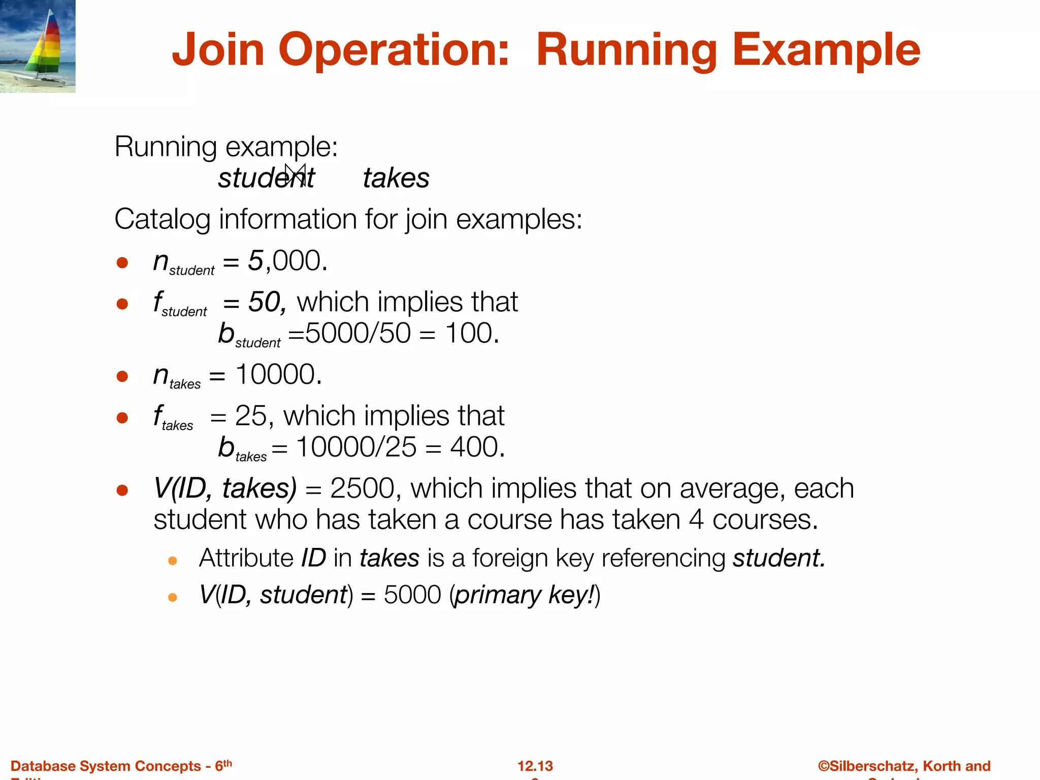 ©Silberschatz, Korth and
12.13
Database System Concepts - 6th
Join Operation: Running Example
Running example:
student takes
Catalog information for join examples:
● nstudent = 5,000.
● fstudent = 50, which implies that
bstudent =5000/50 = 100.
● ntakes = 10000.
● ftakes = 25, which implies that
btakes = 10000/25 = 400.
● V(ID, takes) = 2500, which implies that on average, each
student who has taken a course has taken 4 courses.
● Attribute ID in takes is a foreign key referencing student.
● V(ID, student) = 5000 (primary key!)
 