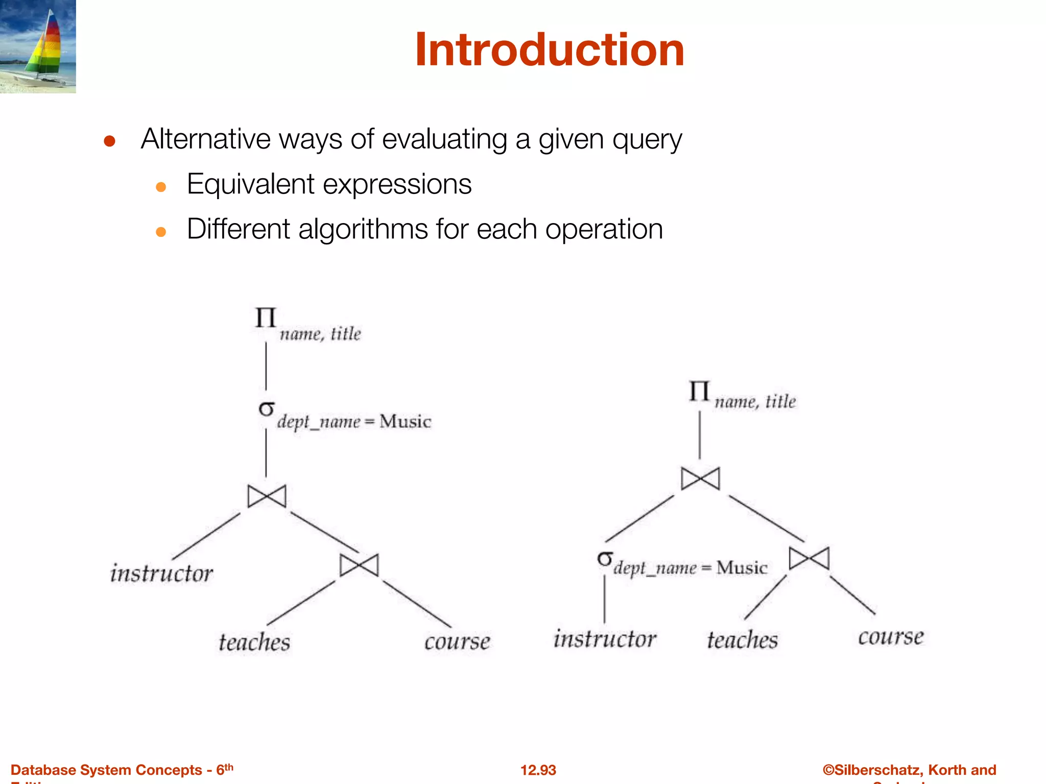 ©Silberschatz, Korth and
12.93
Database System Concepts - 6th
Introduction
● Alternative ways of evaluating a given query
● Equivalent expressions
● Different algorithms for each operation
 