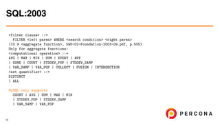<filter clause> ::=
FILTER <left paren> WHERE <search condition> <right paren>
(10.9 <aggregate function>, 5WD-02-Foundation-2003-09.pdf, p.505)
Only for aggregate functions:
<computational operation> ::=
AVG | MAX | MIN | SUM | EVERY | ANY
| SOME | COUNT | STDDEV_POP | STDDEV_SAMP
| VAR_SAMP | VAR_POP | COLLECT | FUSION | INTERSECTION
<set quantifier> ::=
DISTINCT
| ALL
MySQL only supports
COUNT | AVG | SUM | MAX | MIN
| STDDEV_POP | STDDEV_SAMP
| VAR_SAMP | VAR_POP
SQL:2003
13
 