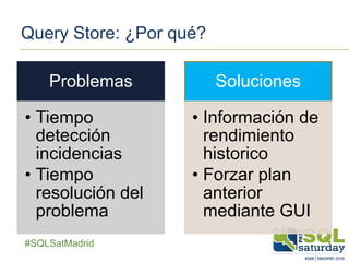 ##SQLSatMadrid
Query Store: ¿Por qué?
Problemas
• Tiempo
detección
incidencias
• Tiempo
resolución del
problema
Soluciones
• Información de
rendimiento
historico
• Forzar plan
anterior
mediante GUI
 