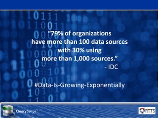 a software division of
QuerySurge™
“79% of organizations
have more than 100 data sources
with 30% using
more than 1,000 sources.”
- IDC
#Data-Is-Growing-Exponentially
 