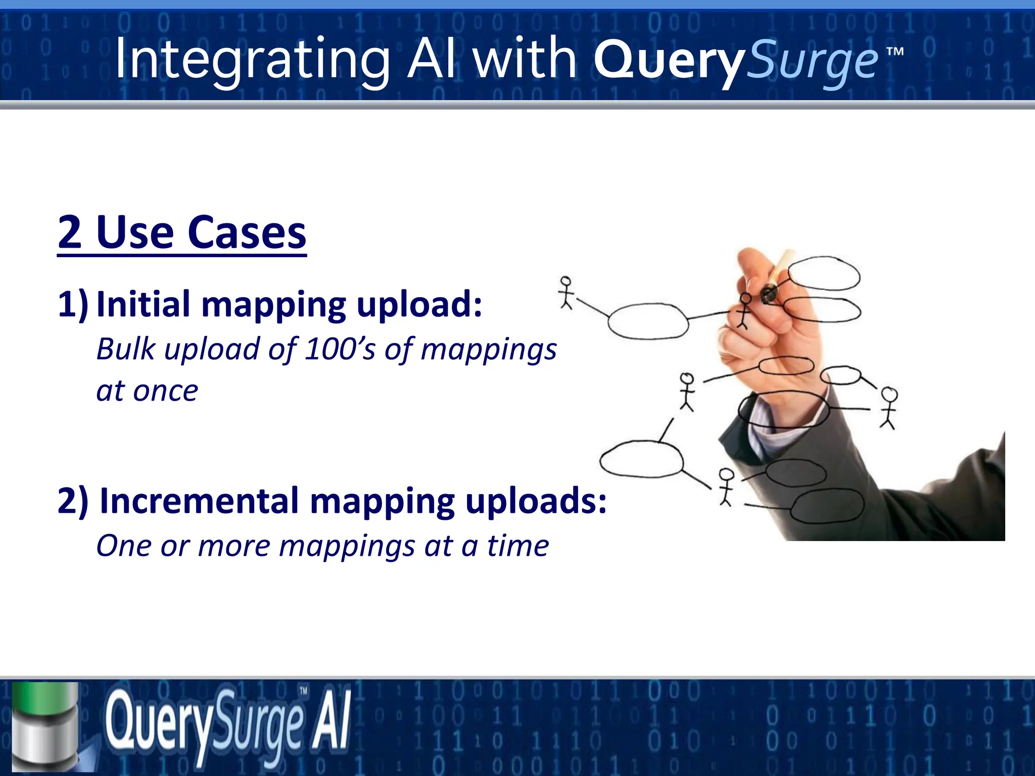 Integrating AI with QuerySurge
2 Use Cases
1)Initial mapping upload:
Bulk upload of 100’s of mappings
at once
2) Incremental mapping uploads:
One or more mappings at a time
 