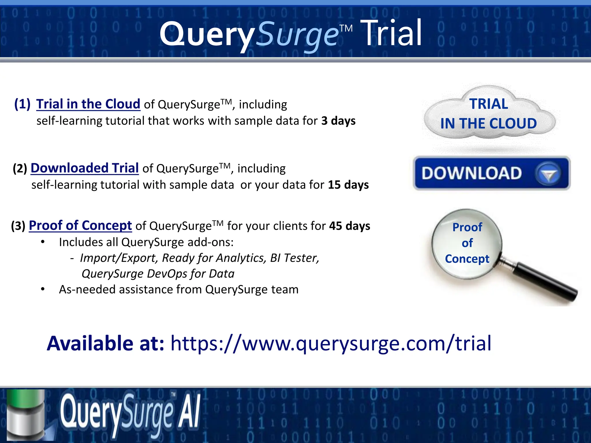 QuerySurgeTM
Trial
(1) Trial in the Cloud of QuerySurgeTM, including
self-learning tutorial that works with sample data for 3 days
(2) Downloaded Trial of QuerySurgeTM, including
self-learning tutorial with sample data or your data for 15 days
(3) Proof of Concept of QuerySurgeTM for your clients for 45 days
• Includes all QuerySurge add-ons:
- Import/Export, Ready for Analytics, BI Tester,
QuerySurge DevOps for Data
• As-needed assistance from QuerySurge team
TRIAL
IN THE CLOUD
Proof
of
Concept
Available at: https://www.querysurge.com/trial
 