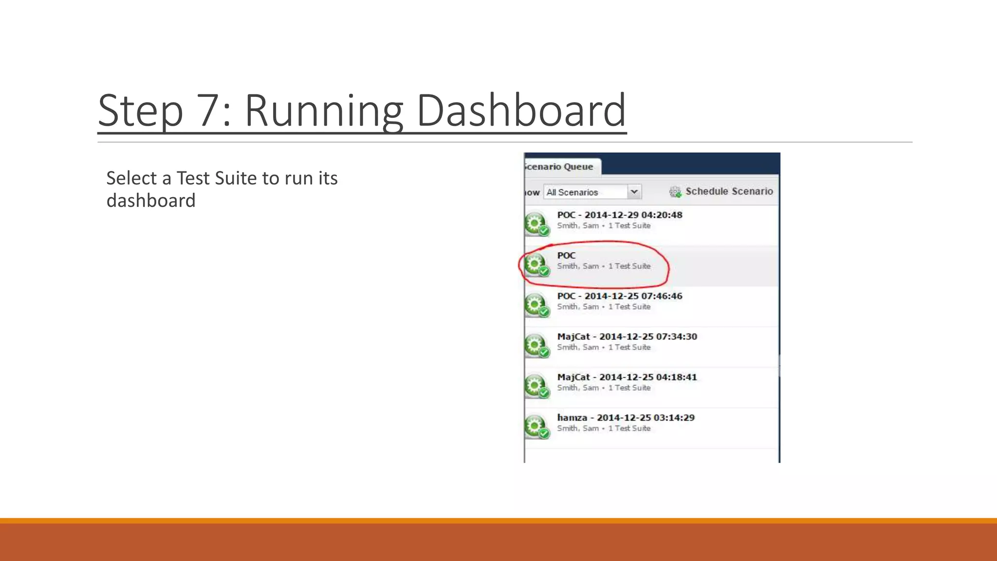 Step 7: Running Dashboard
Select a Test Suite to run its
dashboard
 
