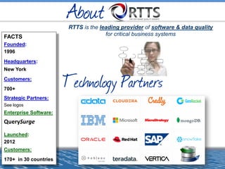 FACTS
Founded:
1996
Headquarters:
New York
Customers:
700+
Strategic Partners:
See logos
Enterprise Software:
QuerySurge
Launched:
2012
Customers:
170+ in 30 countries
RTTS is the leading provider of software & data quality
for critical business systems
About
Technology Partners
 