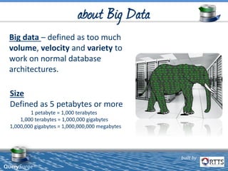 Big data – defined as too much
volume, velocity and variety to
work on normal database
architectures.
Size
Defined as 5 petabytes or more
1 petabyte = 1,000 terabytes
1,000 terabytes = 1,000,000 gigabytes
1,000,000 gigabytes = 1,000,000,000 megabytes
built by
built by
QuerySurge™
 