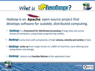 built by
QuerySurge™
• easily deals with complexities of high of data
Hadoop is an open-source project that
develops software for scalable, distributed computing.
• is a of large data sets across
clusters of computers using simple programming models.
from single servers to 1,000’s of machines, each offering local
computation and storage.
• detects and at the application layer
 