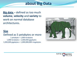 about Big Data
Big data – defined as too much
volume, velocity and variety to
work on normal database
architectures.
Size
Defined as 5 petabytes or more
1 petabyte = 1,000 terabytes
1,000 terabytes = 1,000,000 gigabytes
1,000,000 gigabytes = 1,000,000,000 megabytes

built by

 