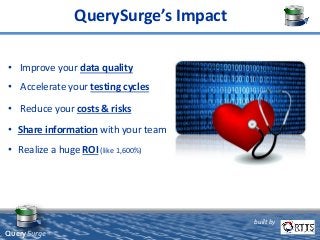 • Reduce your costs & risks
• Improve your data quality
• Accelerate your testing cycles
• Share information with your team
built by
QuerySurge™
• Realize a huge ROI (like 1,600%)
QuerySurge’s Impact
 
