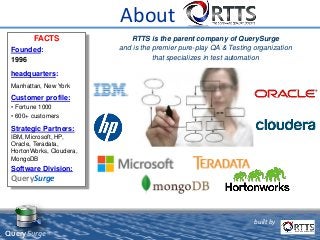 built by
QuerySurge™
About
FACTS
Founded:
1996
headquarters:
Manhattan, New York
Customer profile:
• Fortune 1000
• 600+ customers
Strategic Partners:
IBM, Microsoft, HP,
Oracle, Teradata,
HortonWorks, Cloudera,
MongoDB
Software Division:
QuerySurge
RTTS is the parent company of QuerySurge
and is the premier pure-play QA & Testing organization
that specializes in test automation
 