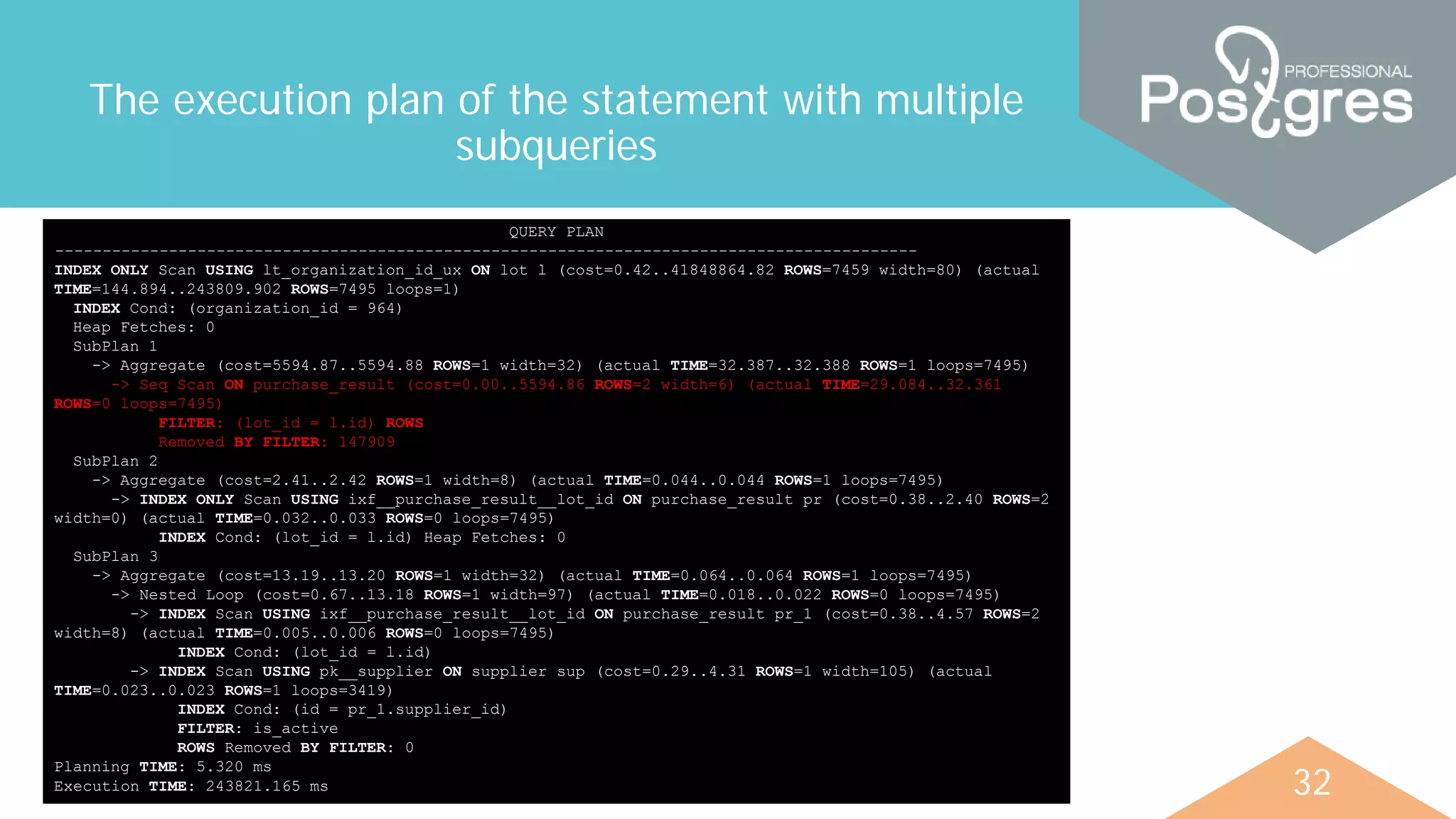 32
The execution plan of the statement with multiple
subqueries
QUERY PLAN
-------------------------------------------------------------------------------------------
INDEX ONLY Scan USING lt_organization_id_ux ON lot l (cost=0.42..41848864.82 ROWS=7459 width=80) (actual
TIME=144.894..243809.902 ROWS=7495 loops=1)
INDEX Cond: (organization_id = 964)
Heap Fetches: 0
SubPlan 1
-> Aggregate (cost=5594.87..5594.88 ROWS=1 width=32) (actual TIME=32.387..32.388 ROWS=1 loops=7495)
-> Seq Scan ON purchase_result (cost=0.00..5594.86 ROWS=2 width=6) (actual TIME=29.084..32.361
ROWS=0 loops=7495)
FILTER: (lot_id = l.id) ROWS
Removed BY FILTER: 147909
SubPlan 2
-> Aggregate (cost=2.41..2.42 ROWS=1 width=8) (actual TIME=0.044..0.044 ROWS=1 loops=7495)
-> INDEX ONLY Scan USING ixf__purchase_result__lot_id ON purchase_result pr (cost=0.38..2.40 ROWS=2
width=0) (actual TIME=0.032..0.033 ROWS=0 loops=7495)
INDEX Cond: (lot_id = l.id) Heap Fetches: 0
SubPlan 3
-> Aggregate (cost=13.19..13.20 ROWS=1 width=32) (actual TIME=0.064..0.064 ROWS=1 loops=7495)
-> Nested Loop (cost=0.67..13.18 ROWS=1 width=97) (actual TIME=0.018..0.022 ROWS=0 loops=7495)
-> INDEX Scan USING ixf__purchase_result__lot_id ON purchase_result pr_1 (cost=0.38..4.57 ROWS=2
width=8) (actual TIME=0.005..0.006 ROWS=0 loops=7495)
INDEX Cond: (lot_id = l.id)
-> INDEX Scan USING pk__supplier ON supplier sup (cost=0.29..4.31 ROWS=1 width=105) (actual
TIME=0.023..0.023 ROWS=1 loops=3419)
INDEX Cond: (id = pr_1.supplier_id)
FILTER: is_active
ROWS Removed BY FILTER: 0
Planning TIME: 5.320 ms
Execution TIME: 243821.165 ms
 