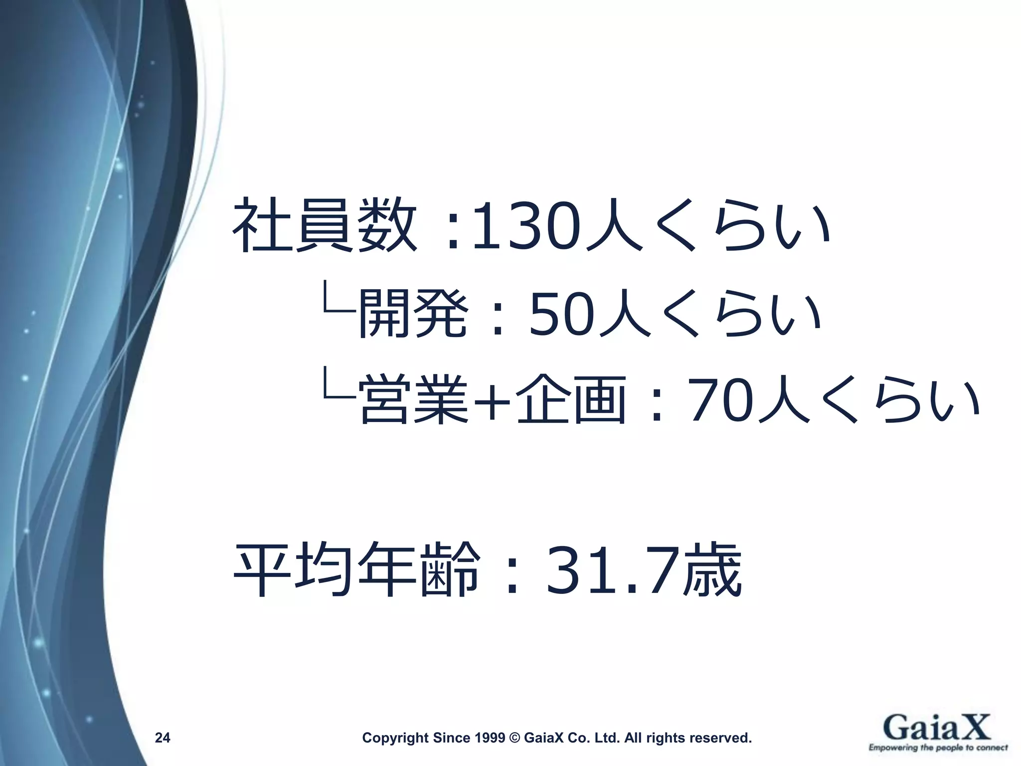 Copyright Since 1999 24 © GaiaX Co. Ltd. All rights reserved. 
社員数:130人くらい 
└開発：50人くらい 
└営業+企画：70人くらい 
平均年齢：31.7歳  