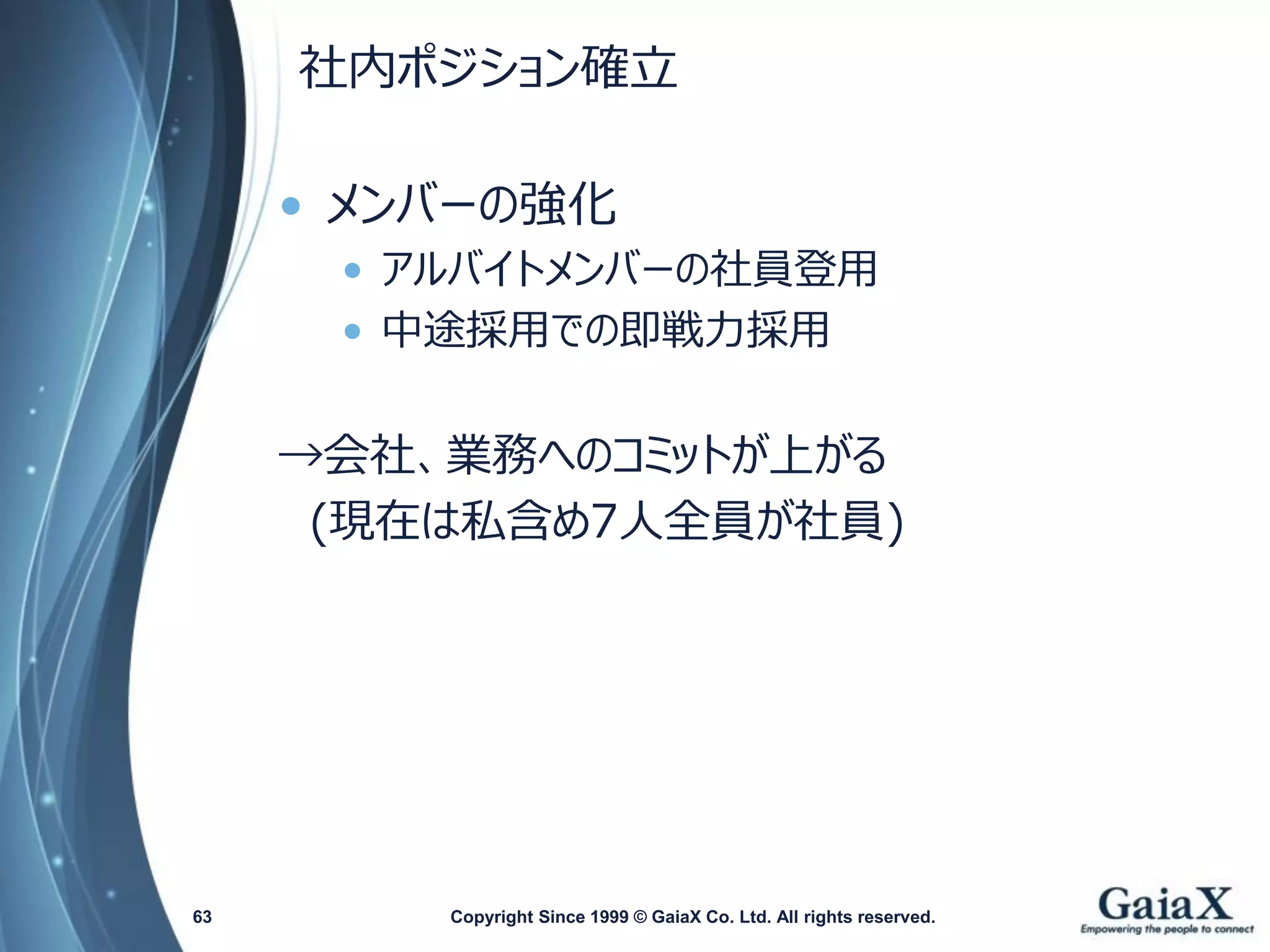 社内ポジション確立 
•メンバーの強化 
•アルバイトメンバーの社員登用 
•中途採用での即戦力採用 
→会社、業務へのコミットが上がる 
(現在は私含め7人全員が社員) 
Copyright Since 1999 63 © GaiaX Co. Ltd. All rights reserved. 
 