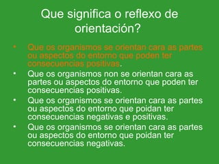 Que significa o reflexo de orientación?  Que os organismos se orientan cara as partes ou aspectos do entorno que poden ter consecuencias positivas .  Que os organismos non se orientan cara as partes ou aspectos do entorno que poden ter consecuencias positivas. Que os organismos se orientan cara as partes ou aspectos do entorno que poidan ter consecuencias negativas e positivas. Que os organismos se orientan cara as partes  ou aspectos do entorno que poidan ter consecuencias negativas. 
