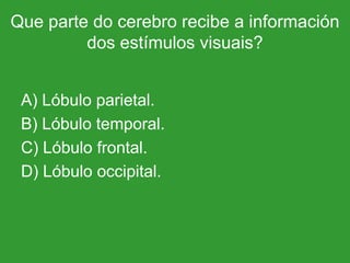Que parte do cerebro recibe a información dos estímulos visuais? A) Lóbulo parietal. B) Lóbulo temporal. C) Lóbulo frontal. D) Lóbulo occipital. 