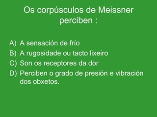 Os corpúsculos de Meissner perciben : A sensación de frío A rugosidade ou tacto lixeiro Son os receptores da dor Perciben o grado de presión e vibración dos obxetos. 