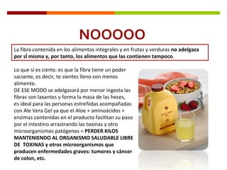 NOOOOO La fibra contenida en los alimentos integrales y en frutas y verduras  no adelgaza por sÍ misma y, por tanto, los alimentos que las contienen tampoco .  Lo que sí es cierto: es que la fibra tiene un poder saciante, es decir, te sientes lleno con menos alimento. DE ESE MODO se adelgazará por menor ingesta las fibras son laxantes y forma la masa de las heces, es ideal para las personas estreñidas acompañadas con Ale Vera Gel ya que el Aloe + aminoácidos + enzimas contenidas en el producto facilitan su paso por el intestino arrastrando las toxinas y otro microorganismos patógenos =  PERDER KILOS  MANTENIENDO AL ORGANISMO SALUDABLE LIBRE  DE  TOXINAS y otros microorganismos que producen enfermedades graves: tumores y cáncer de colon, etc. 