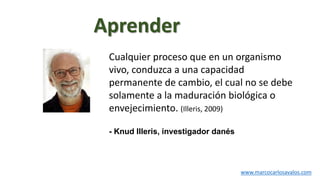 www.marcocarlosavalos.com
Cualquier proceso que en un organismo
vivo, conduzca a una capacidad
permanente de cambio, el cual no se debe
solamente a la maduración biológica o
envejecimiento. (Illeris, 2009)
- Knud Illeris, investigador danés
Aprender
 