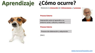 ¿Cómo ocurre?
www.marcocarlosavalos.com
Proceso Externo
Interacción entre el aprendiz y su
entorno social, cultural y material.
Proceso Interno
Proceso de elaboración y adquisición.
Aprendizaje
Mediante la interacción de 3 dimensiones y 2 procesos
(Ibíd.)
 