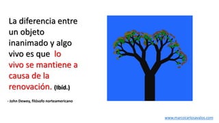 - John Dewey, filósofo norteamericano
La diferencia entre
un objeto
inanimado y algo
vivo es que lo
vivo se mantiene a
causa de la
renovación. (Ibíd.)
www.marcocarlosavalos.com
 
