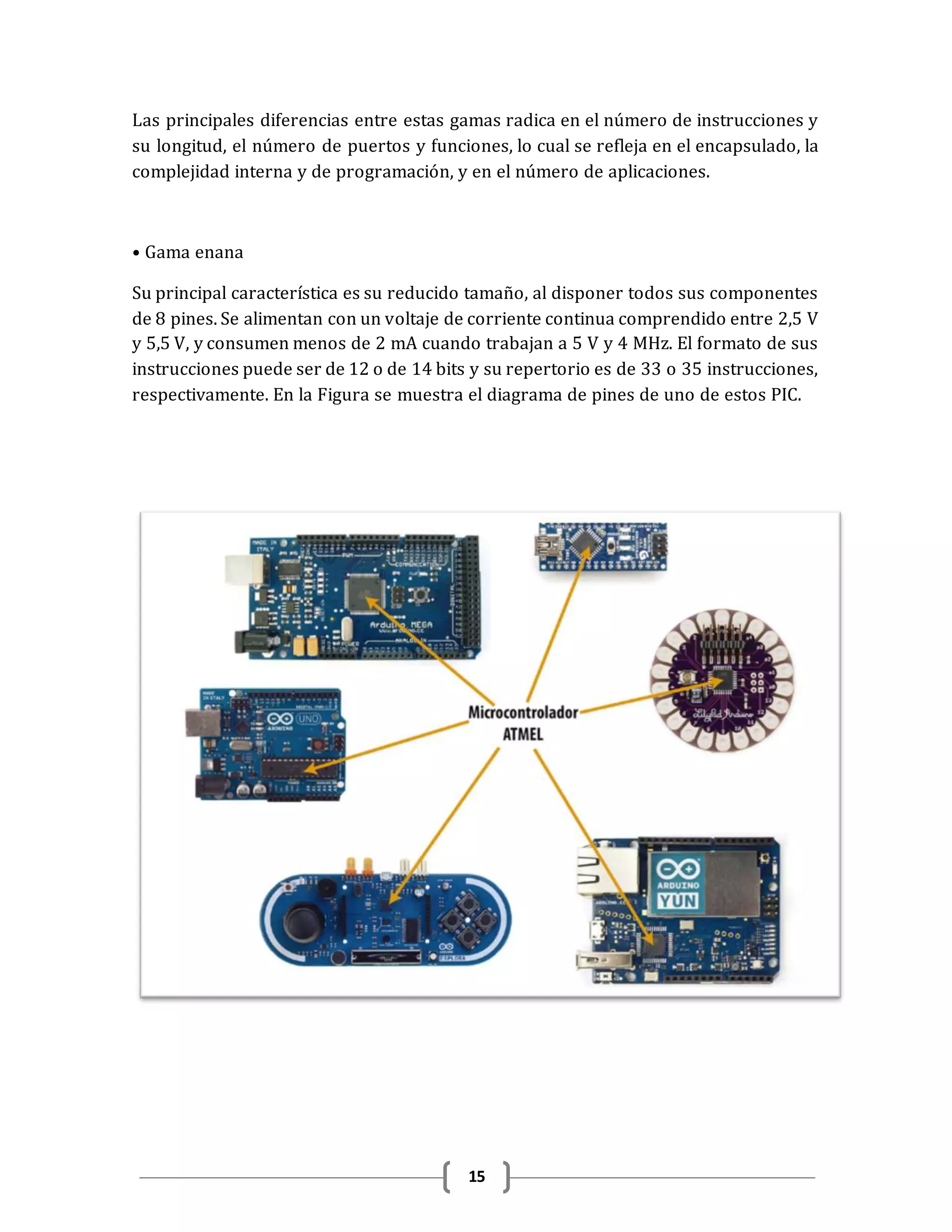 15
Las principales diferencias entre estas gamas radica en el número de instrucciones y
su longitud, el número de puertos y funciones, lo cual se refleja en el encapsulado, la
complejidad interna y de programación, y en el número de aplicaciones.
• Gama enana
Su principal característica es su reducido tamaño, al disponer todos sus componentes
de 8 pines. Se alimentan con un voltaje de corriente continua comprendido entre 2,5 V
y 5,5 V, y consumen menos de 2 mA cuando trabajan a 5 V y 4 MHz. El formato de sus
instrucciones puede ser de 12 o de 14 bits y su repertorio es de 33 o 35 instrucciones,
respectivamente. En la Figura se muestra el diagrama de pines de uno de estos PIC.
 