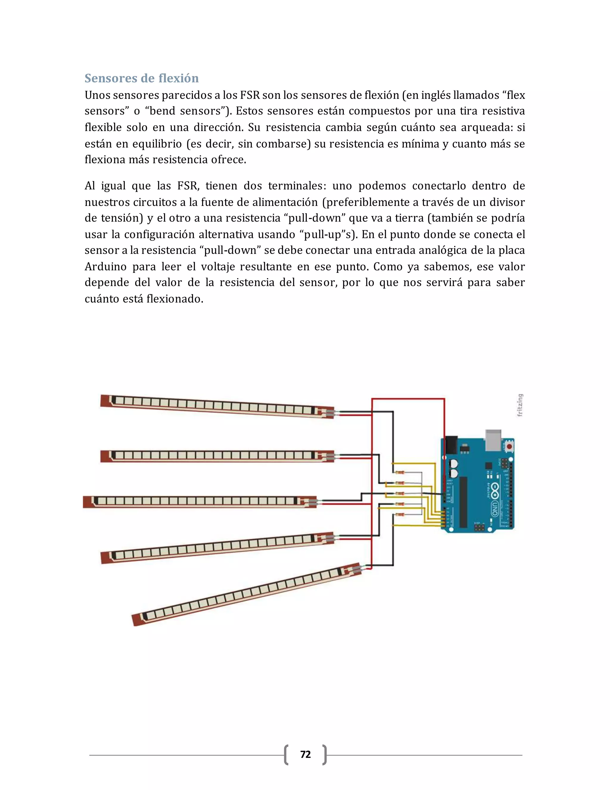 72
Sensores de flexión
Unos sensores parecidos a los FSR son los sensores de flexión (en inglés llamados “flex
sensors” o “bend sensors”). Estos sensores están compuestos por una tira resistiva
flexible solo en una dirección. Su resistencia cambia según cuánto sea arqueada: si
están en equilibrio (es decir, sin combarse) su resistencia es mínima y cuanto más se
flexiona más resistencia ofrece.
Al igual que las FSR, tienen dos terminales: uno podemos conectarlo dentro de
nuestros circuitos a la fuente de alimentación (preferiblemente a través de un divisor
de tensión) y el otro a una resistencia “pull-down” que va a tierra (también se podría
usar la configuración alternativa usando “pull-up”s). En el punto donde se conecta el
sensor a la resistencia “pull-down” se debe conectar una entrada analógica de la placa
Arduino para leer el voltaje resultante en ese punto. Como ya sabemos, ese valor
depende del valor de la resistencia del sensor, por lo que nos servirá para saber
cuánto está flexionado.
 