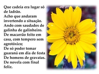 Que cadeia era lugar só de ladrão. Acho que andaram invertendo a situação. Ando com saudades de galinha de galinheiro. De macarrão feito em casa, com tempero sem agrotóxico; De só poder tomar guaraná em dia de festa. De homens de gravatas. De novela com final feliz. 
