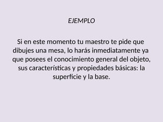 EJEMPLO
Si en este momento tu maestro te pide que
dibujes una mesa, lo harás inmediatamente ya
que posees el conocimiento general del objeto,
sus características y propiedades básicas: la
superficie y la base.
 