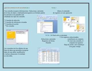 ¿QUÉ ES CONSULTA EN ACCESSNUM: 1 NUM: 3
Una consulta recupera informaciones Selecciona y presenta Altera el contenido
de la base de datos y habitualmenteregistros en formato patrón de registros en una operación
las presenta en la pantalla será
estudiada tres tipos de consulta:
* Consulta de selección
* Consulta de referencias cruzadas
* Consultas de acción
* De consulta
NUM: 2Al final solo se ejecutara
Y los registros seleccionados
Selecciona y presenta constituyen un conjunto.
Registros en forma Al crear una consulta, el
Pantalla conjunto de registros
Deja de existir, esto constituye
Una gran ventaja
Las consultas son los objetos de una
base de datos que permiten recuperar
datos de una tabla, modificarlos
e incluso almacenar el resultado
en otra tabla.
 