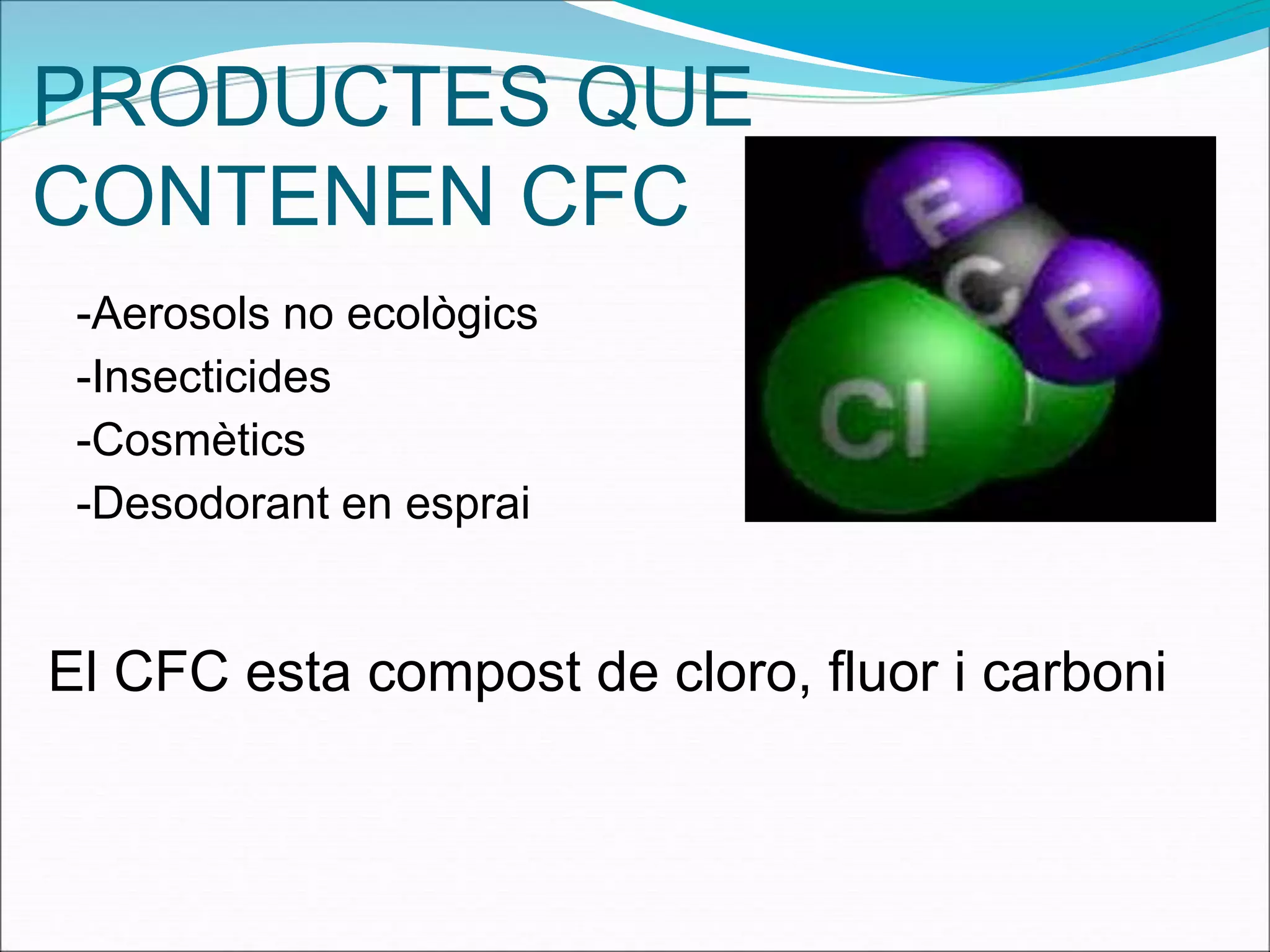 PRODUCTES QUE
CONTENEN CFC
-Aerosols no ecològics
-Insecticides
-Cosmètics
-Desodorant en esprai
El CFC esta compost de cloro, fluor i carboni
 