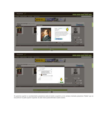 Si queremos suprimir un acontecimiento pulsaremos sobre el evento a suprimir y en la ventana mostrada pulsaremos “Delete” que se
encuentra en la parte superior izquierda, de este modo queda eliminado nuestro evento.
 